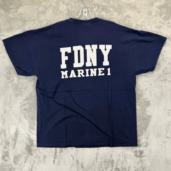 VTG Gildan FDNY Marine 1 Never Forget 9-11-01 Navy Blue Graphic T-Shirt Mens XL - Picture 2 of 7